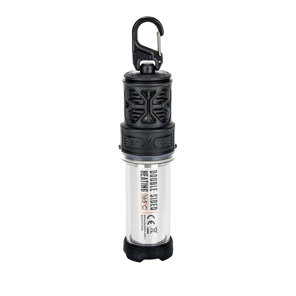 RoosCamp RoosRepel 3-in-1 mosquito repellent lantern and power bank on white background, angled product shot showing carabiner hook and clear cylinder body